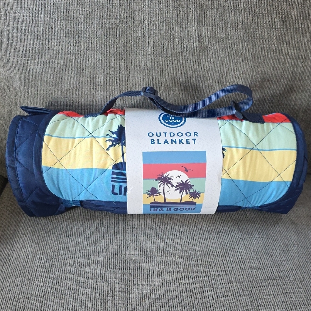 Life Is Good Blue Outdoor Blanket With Palm Trees And‎ Stripes, NWT, 50"×70"